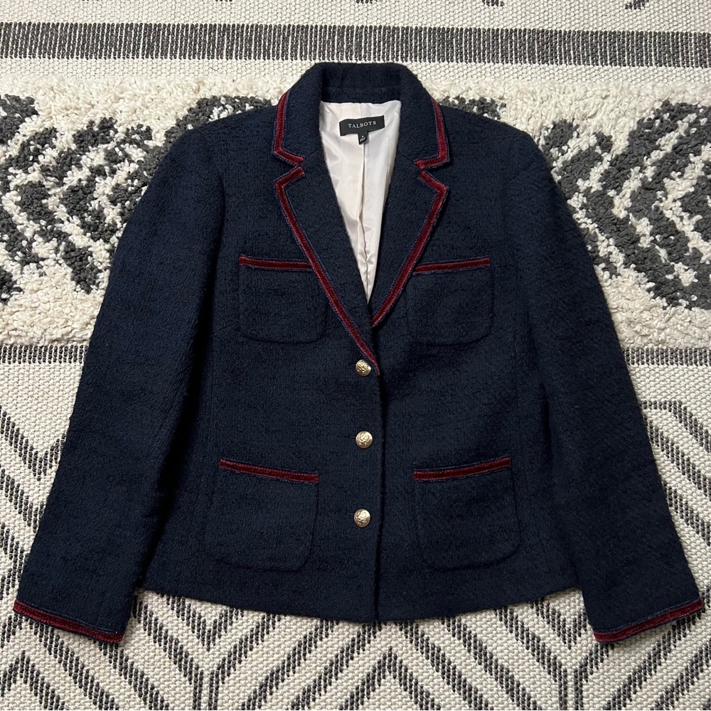 Women’s Talbots Navy Blue & Maroon Trim Boucle Blazer Size 8